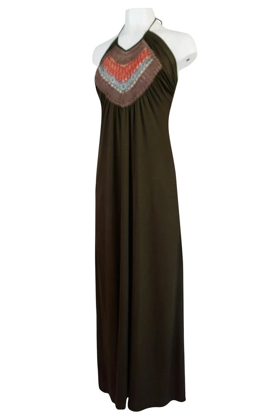 1970s Joy Stevens Embroidered Brown Jersey Halter Dress