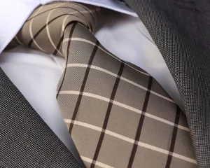 Beige Checkers Designer Silk Floral Necktie with Matching Cufflinks & Pocket Square Set for Men
