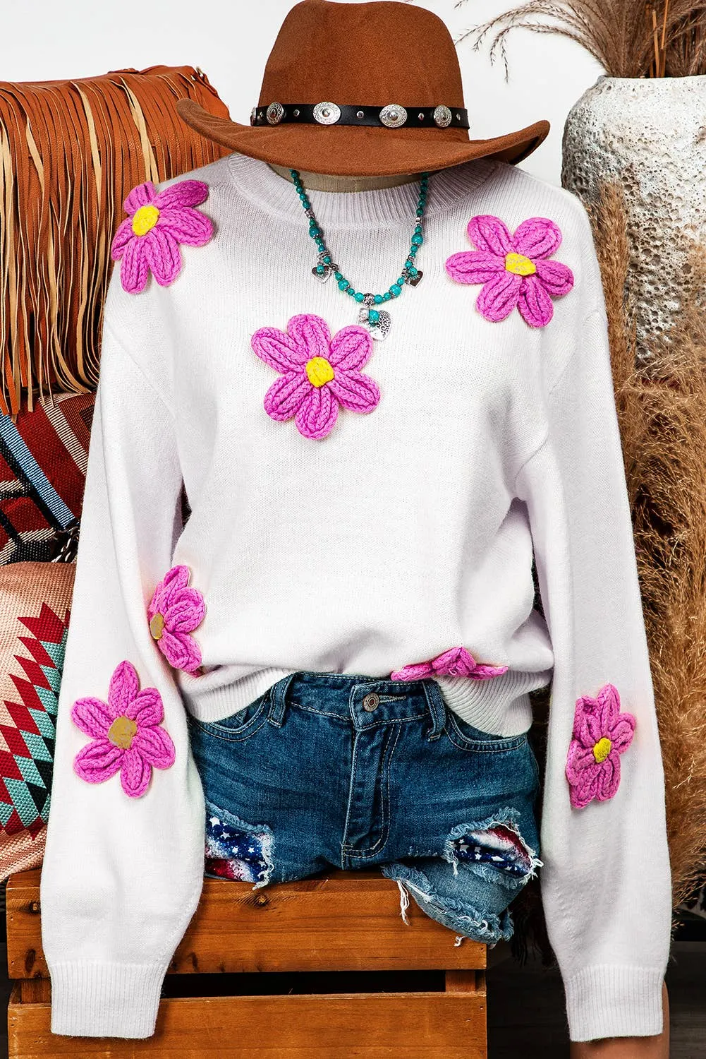 Beige or White Long Sleeve Floral Crochet Chunky Knit Sweater Top FW2724821-P6016