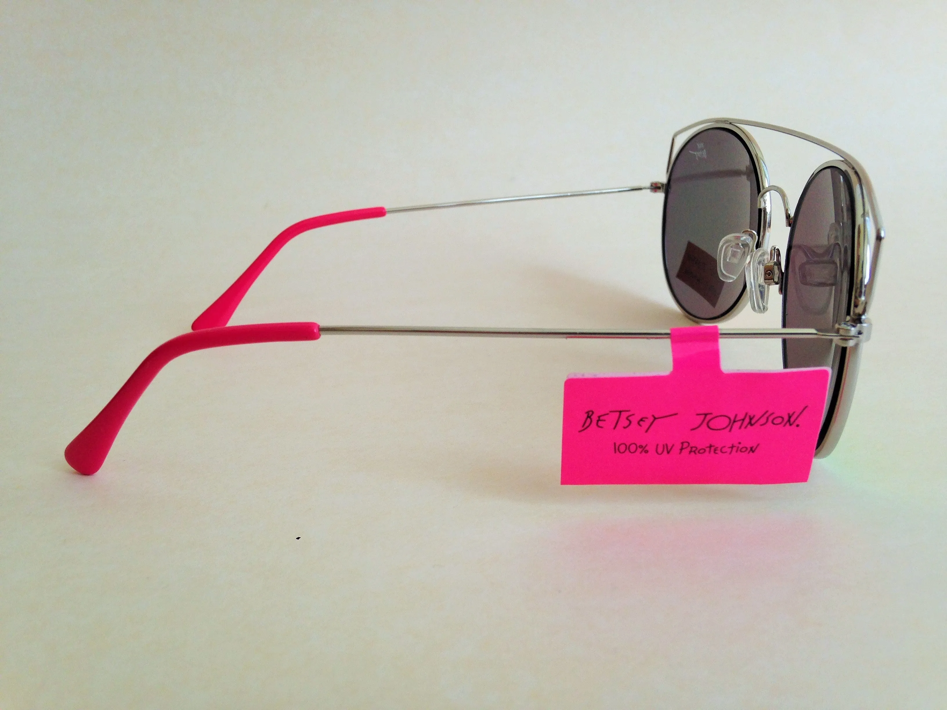 Betsey Johnson Round Sunglasses Silver Top Bar Orange Green Coral Mirror Lens