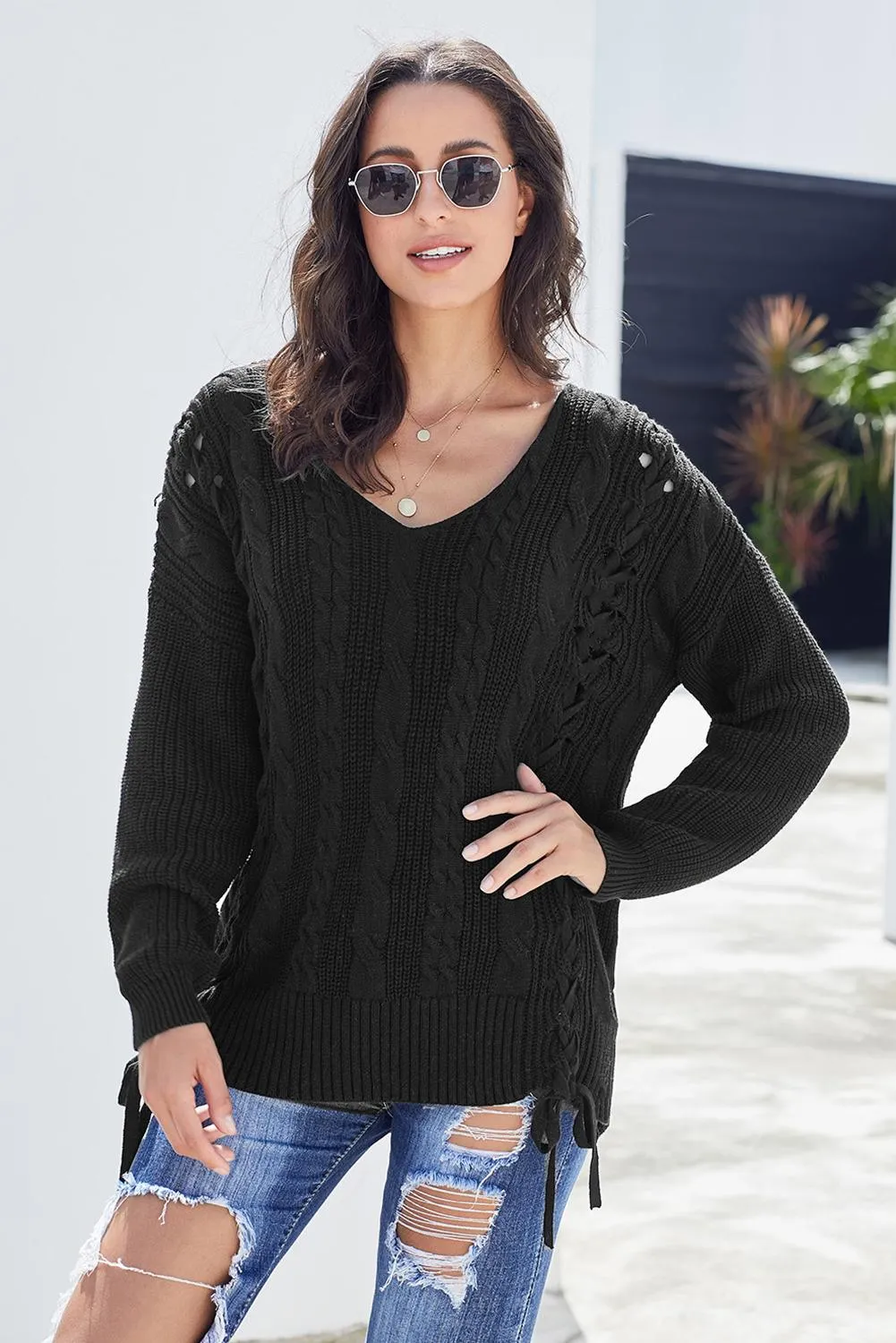 Black Love Letters Lace Up Cable Knit Sweater