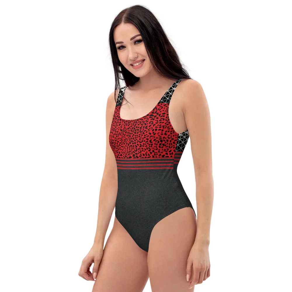 Black, Red and Cream Cheetah Geometric - One-Piece Swimsuit