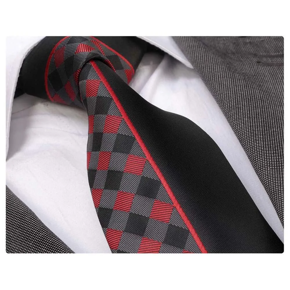 Black Red Plaids Mens Designer Silk Necktie with Gift Box - Premium Quality made in Europe