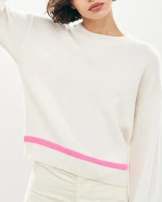 Cashmere Wool Heavy Trim Crew in Cream and Neon Pink