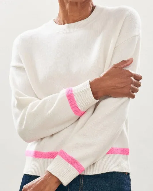 Cashmere Wool Heavy Trim Crew in Cream and Neon Pink
