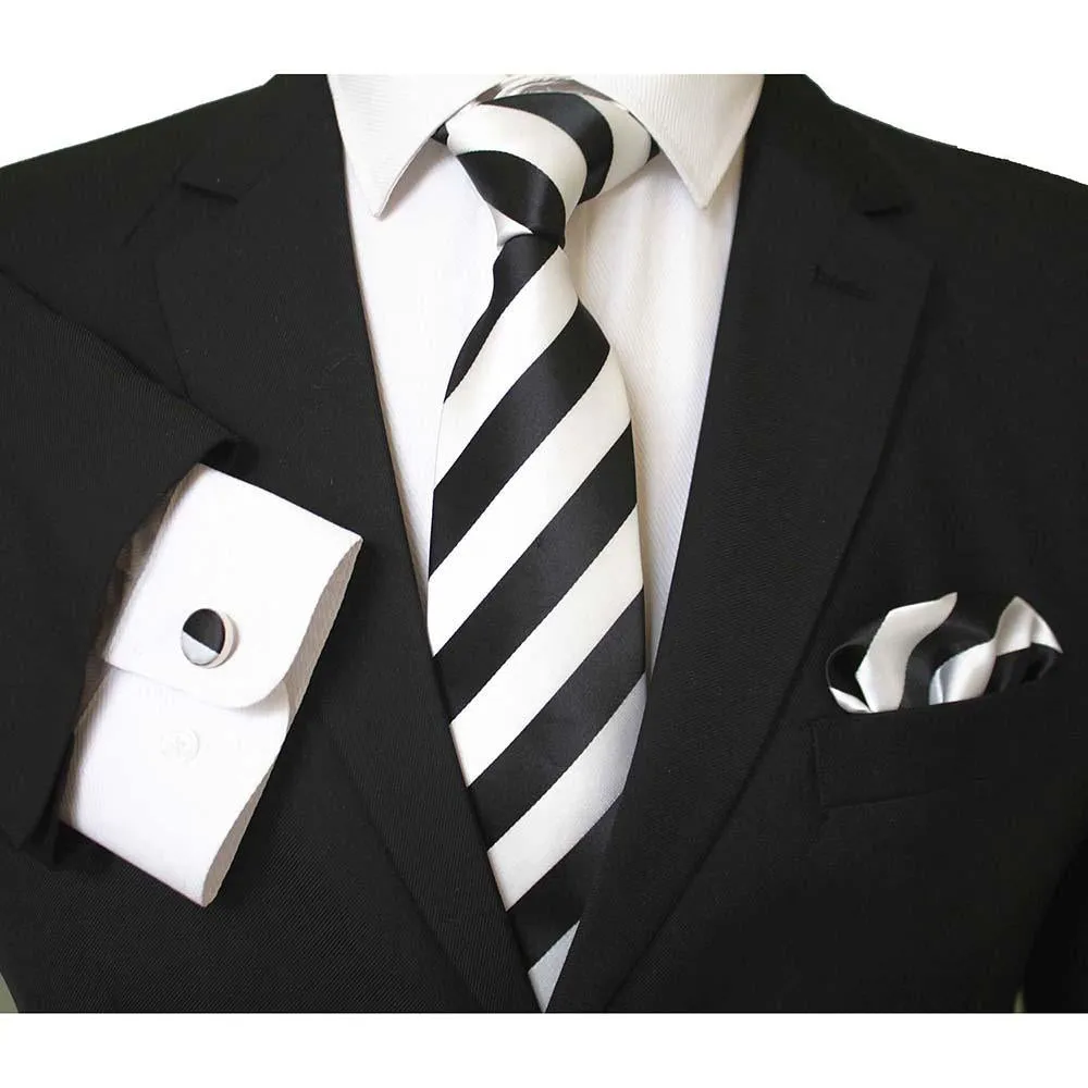 Celino Black And White Silk Necktie with Cufflinks & Pocket Square for Men