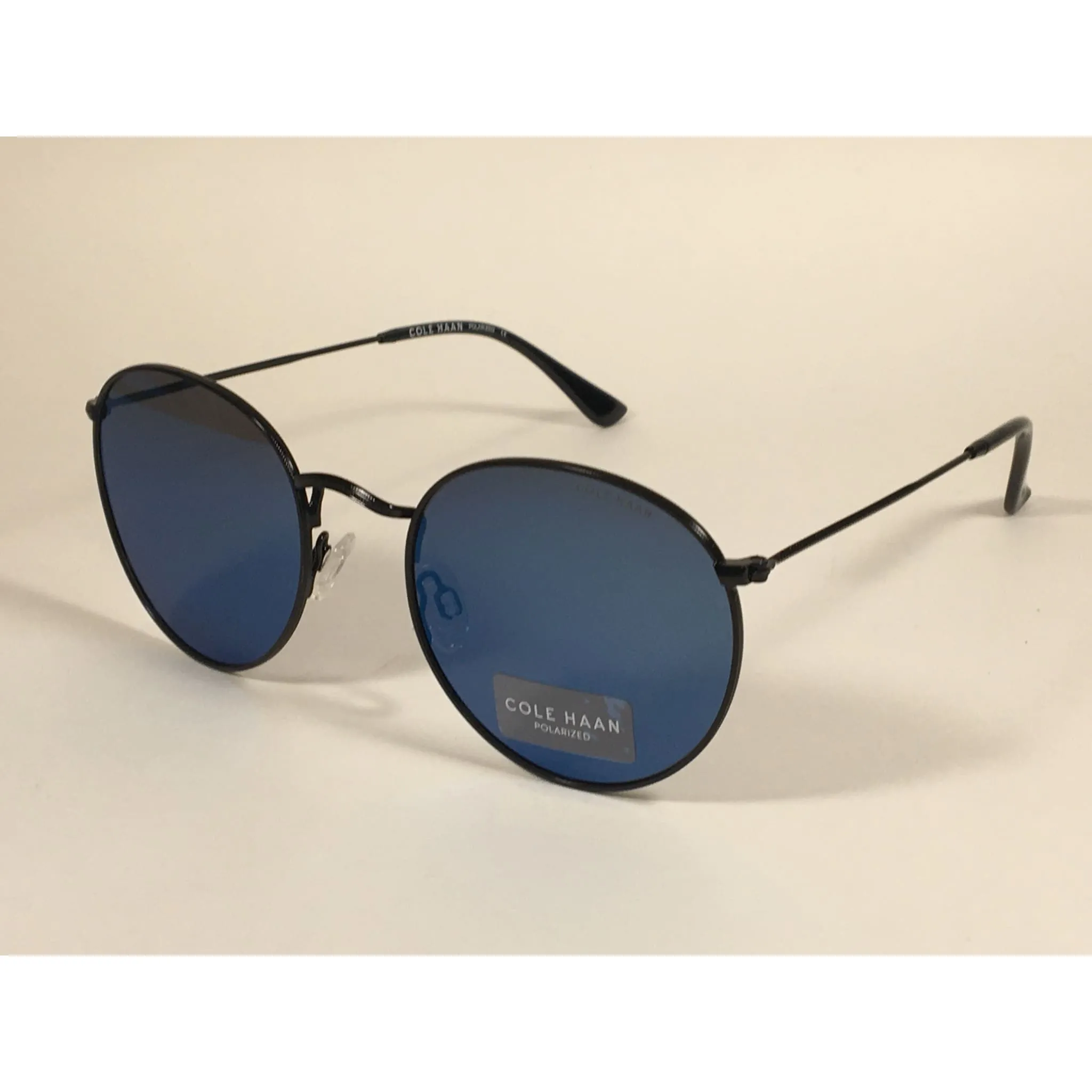 Cole Haan Polarized Round Sunglasses Black Blue Mirror Lens CH8004 001 BLACK