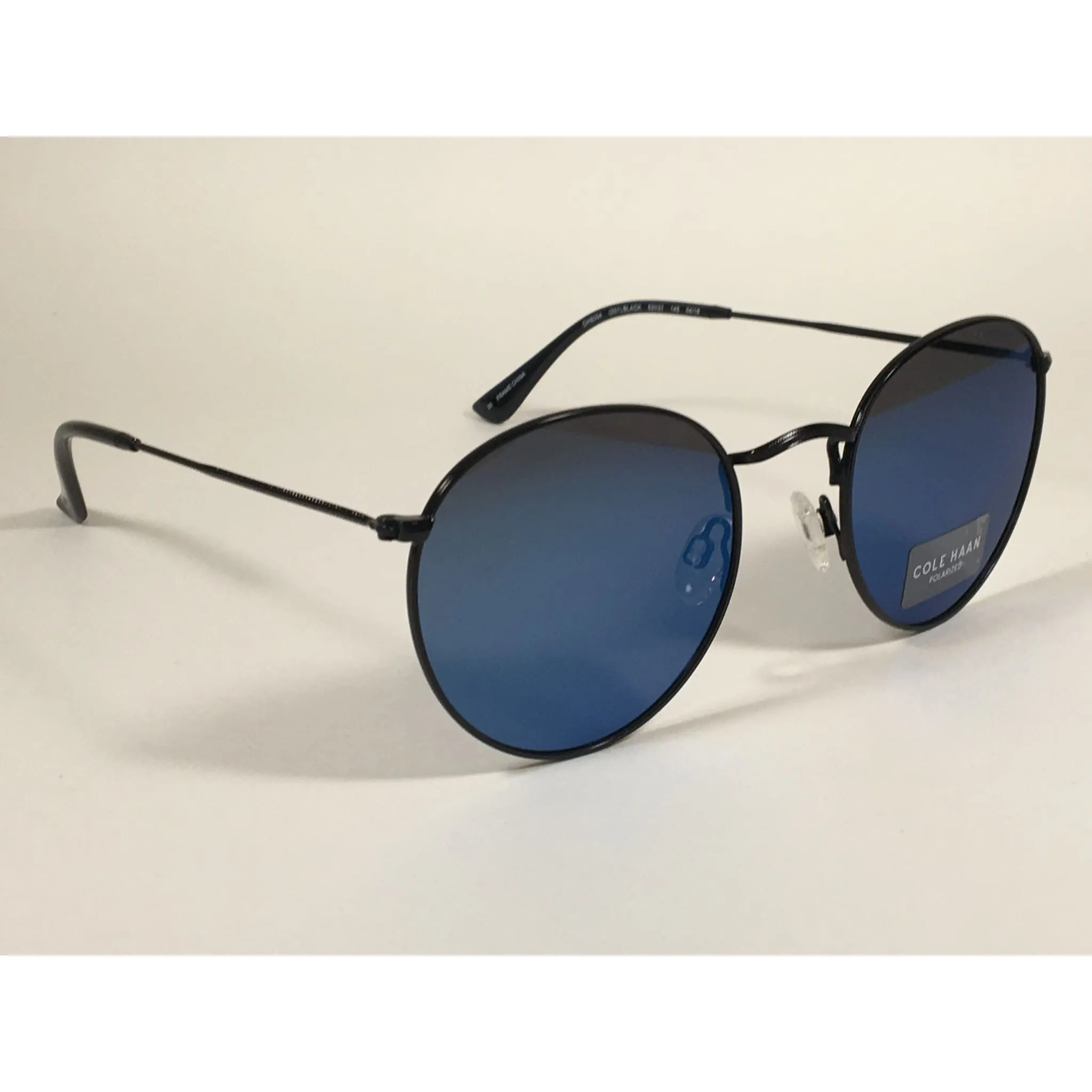 Cole Haan Polarized Round Sunglasses Black Blue Mirror Lens CH8004 001 BLACK
