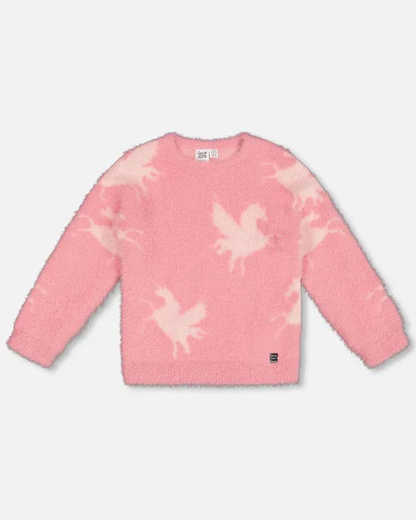 deux par deux Girls Fuzzy Knit Unicorn Sweater - Pink