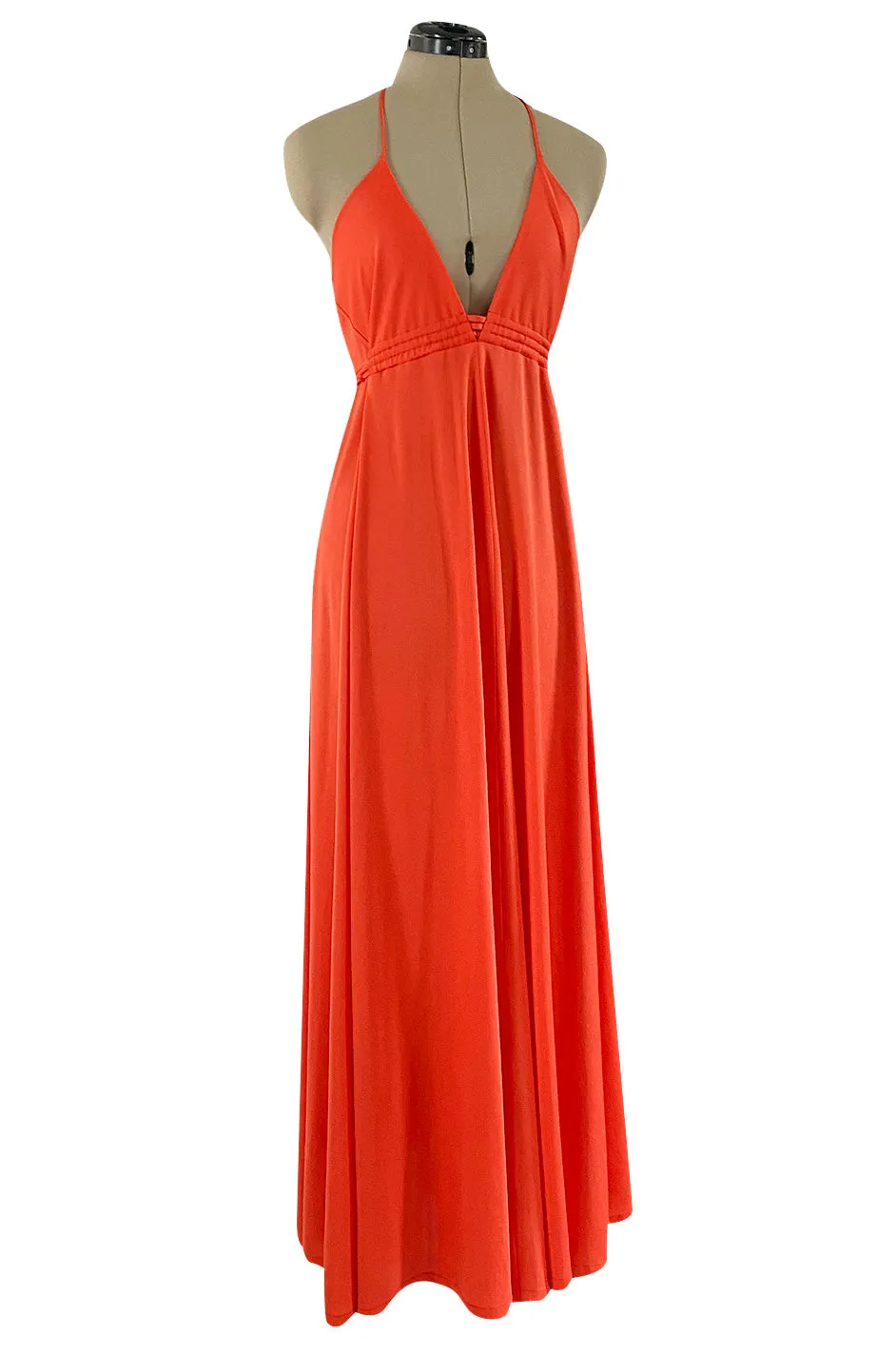 Fantastic 1970s Frank Usher Coral Jersey Dress w a Deep Front Plunge & No Back