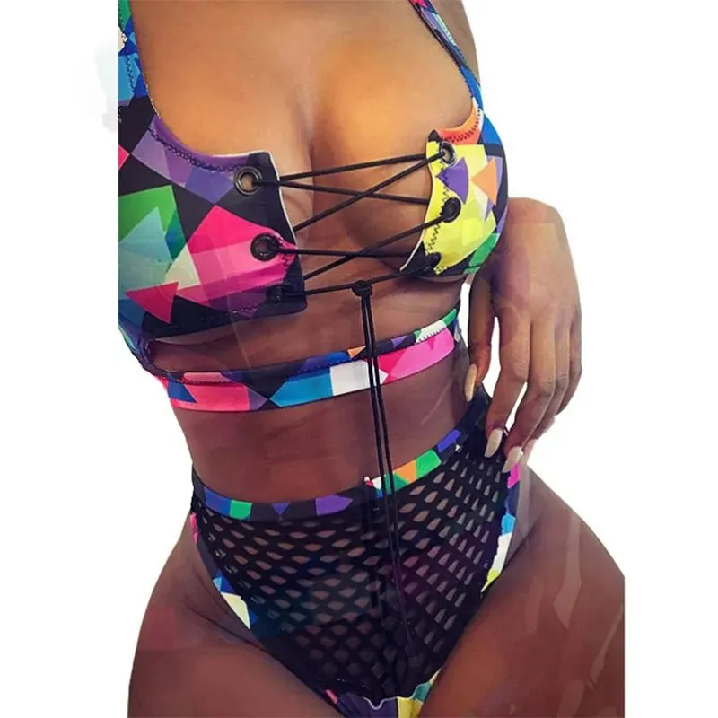 Floral and Striped Bikini Set with Lace-Up Detail