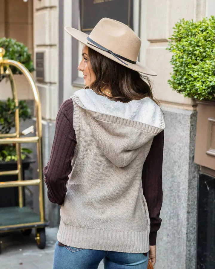 Hooded cable knit vest in oatmeal