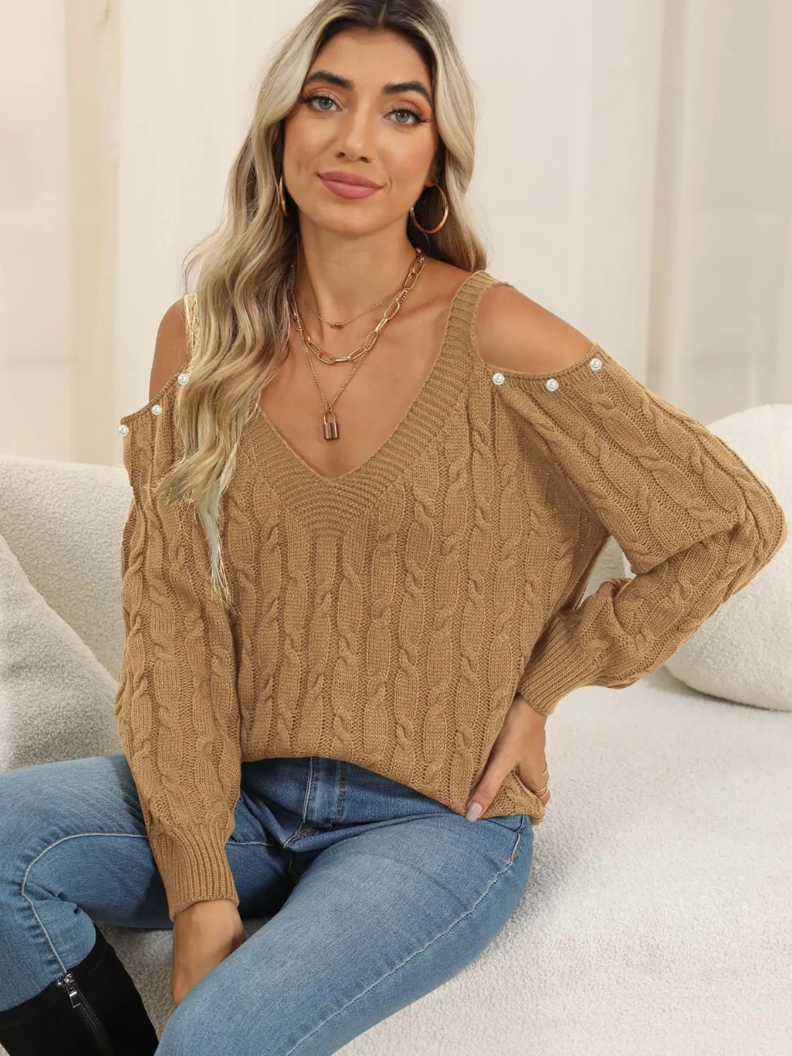 Juniper Cable-Knit Cold Shoulder Sweater with Pearl Accents