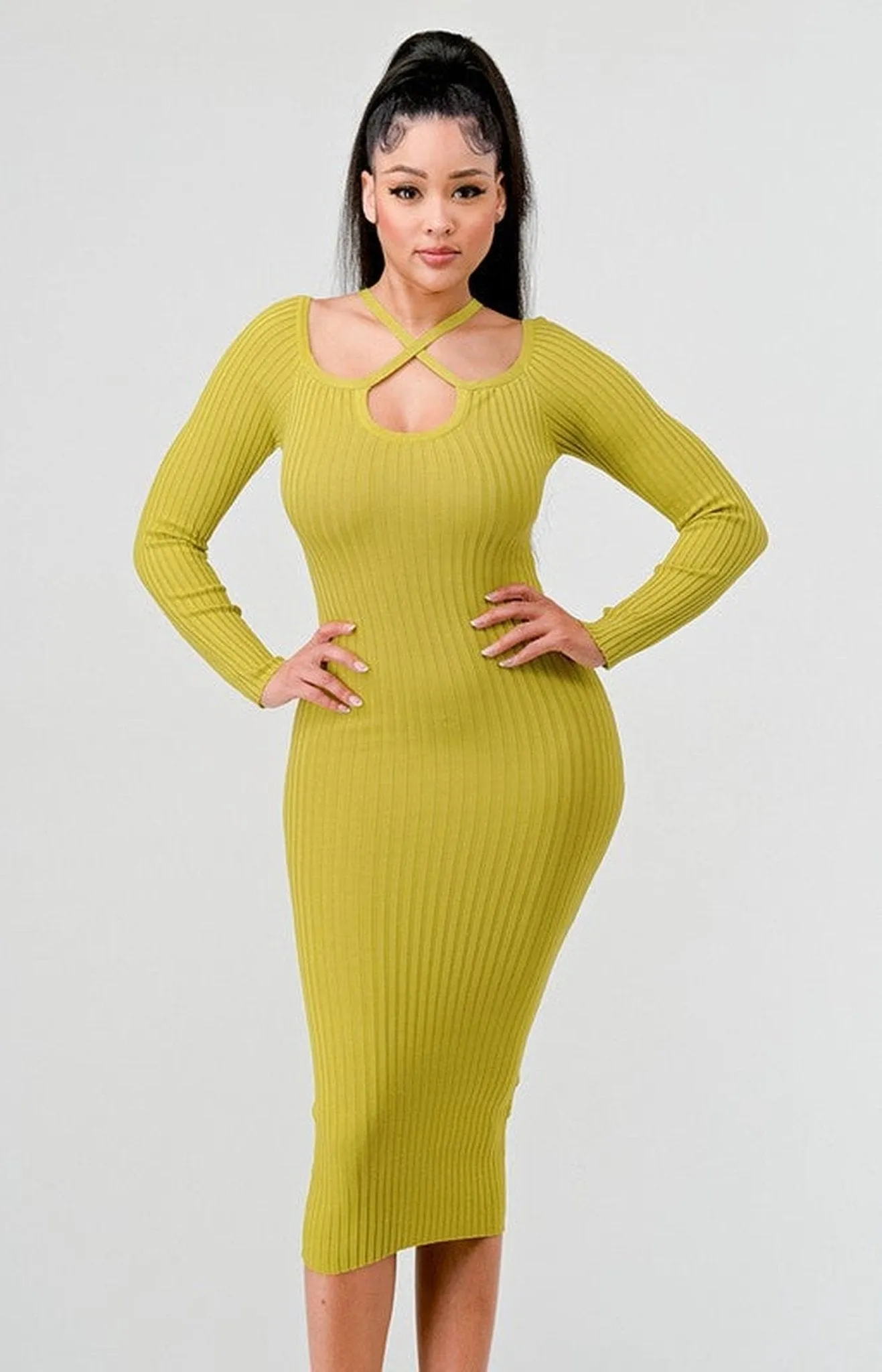 Knit Long sleeve Bodycon Midi Dress - Citron