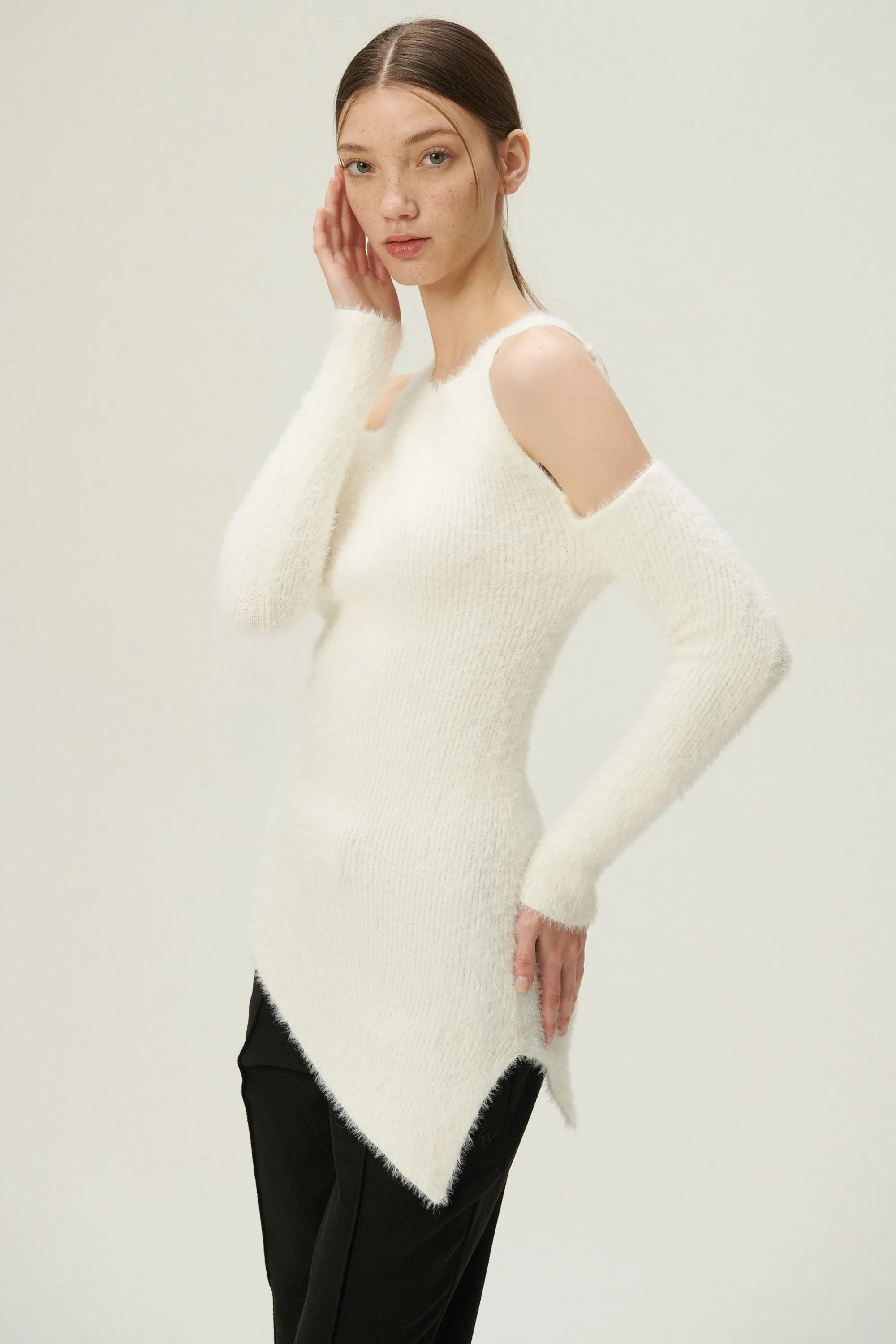 Leyla Cold Shoulder Fuzzy Sweater