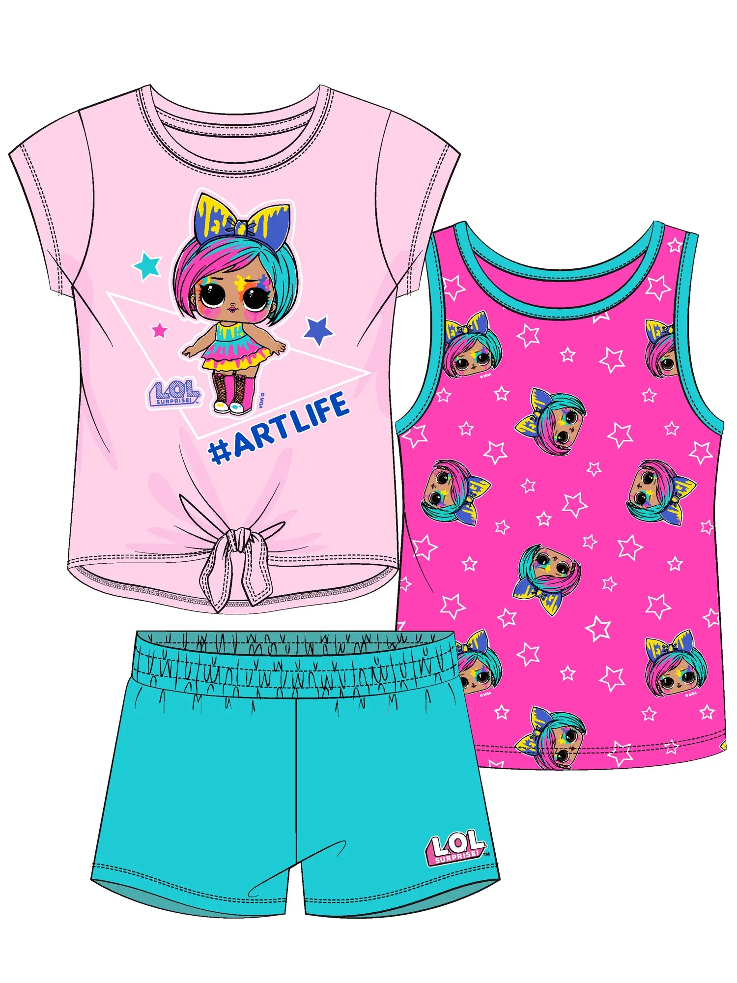 LOL Girls Tee and Short Outfit 3PC Clothing Sets, 4-6X, Pink
