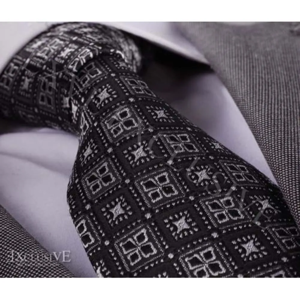 Men's jacquard Silver & Black Design Premium Neck Tie With Gift Box - B