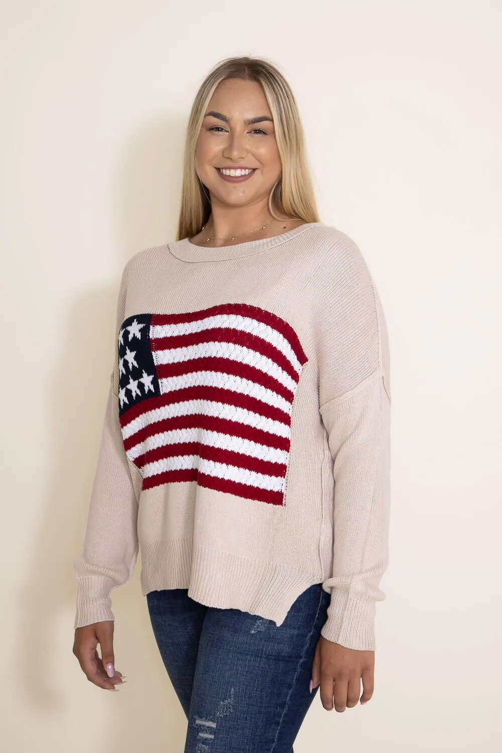 Miracle Knit American Flag Sweater for Women in Beige | M8167-BEIGE