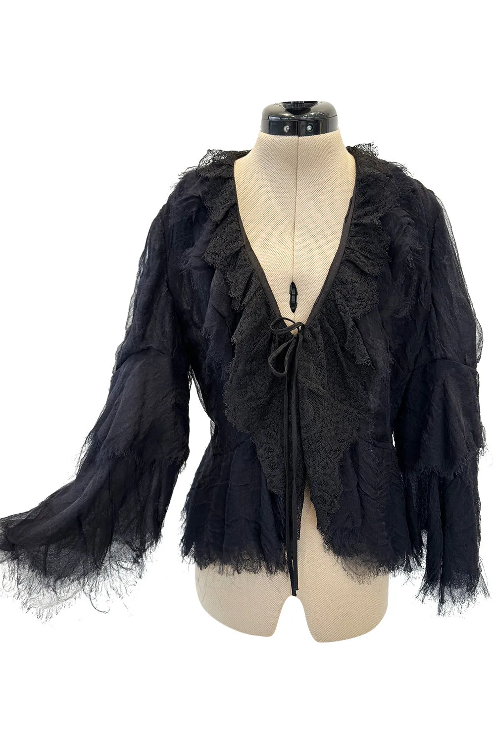 Pretty 2000s Christian Lacroix Bazar Black Silk Chiffon Top or Light Jacket w Lace Finishes