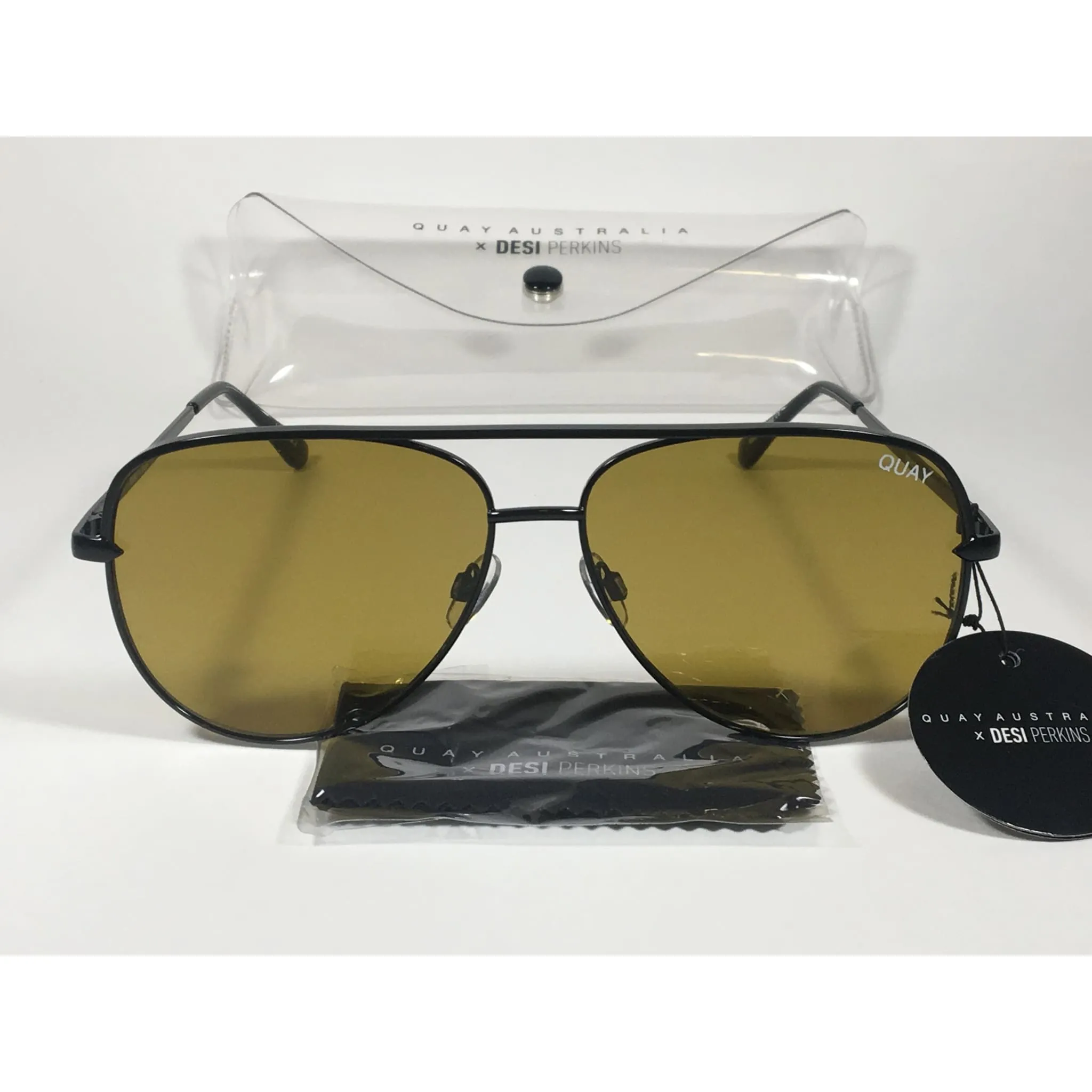 Quay Australia QW000174 BLK/OLV Sahara Desi Perkins Aviator Pilot Sunglasses Black Frame Olive Lens