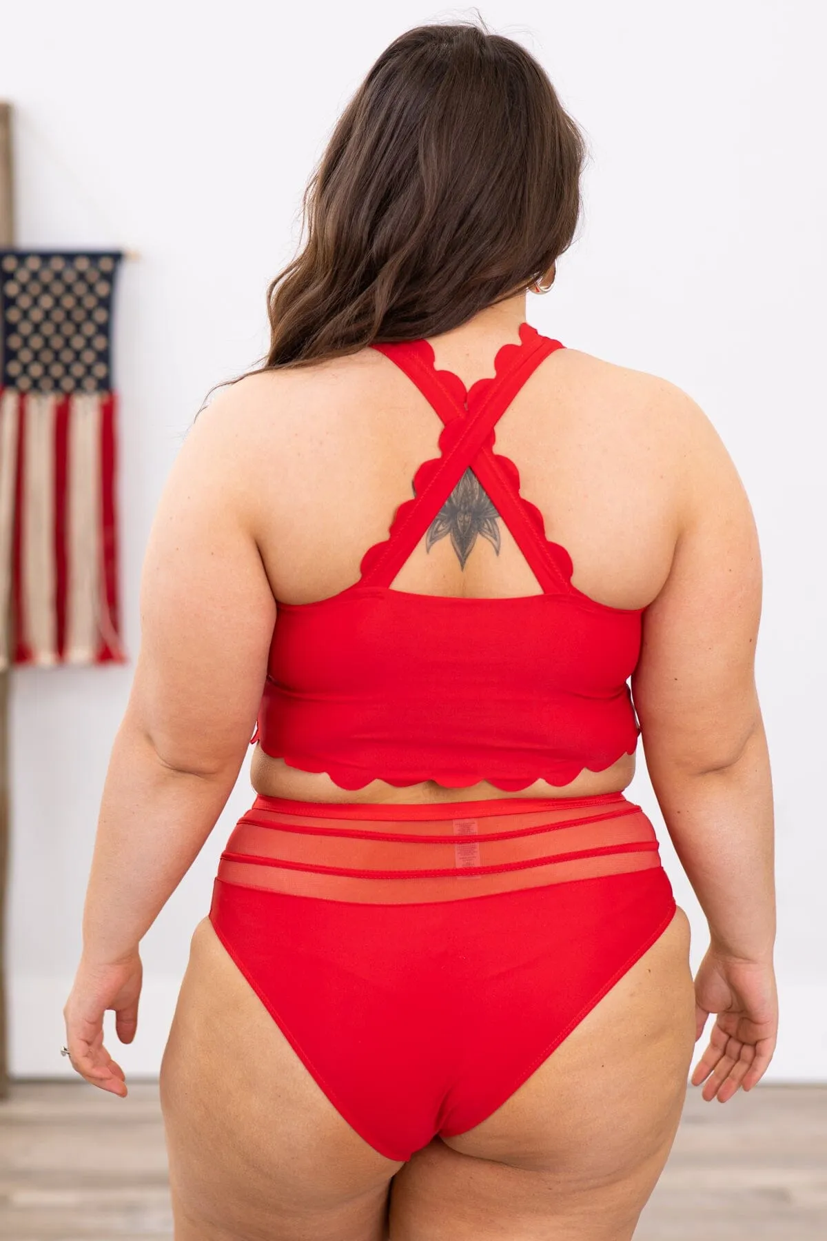 Red Scalloped Tankini Two Piece Swimsuit
