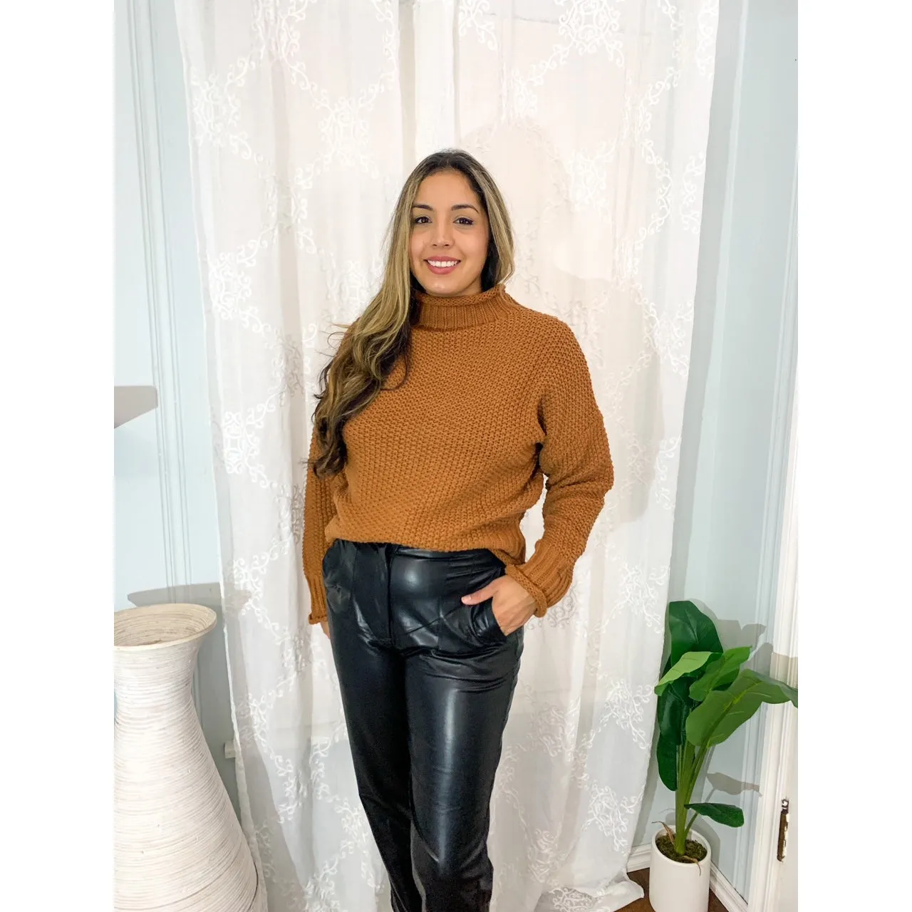 Sweet and Kind Long Sleeve Turtleneck Sweater Top - Cinnamon