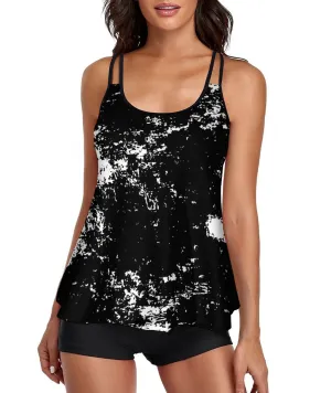 Tankini Tie Dye White Tank Top Two Piece Bathing Suits with Boyshorts