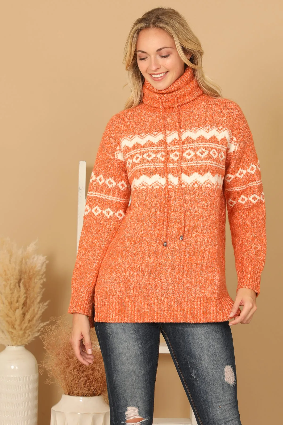 TURTLE NECK  DRAWSTRING PRINTED KNIT SWEATER