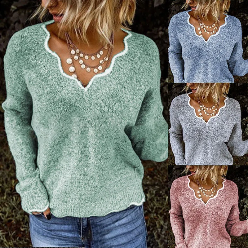 V-neck Ruffle Collar Knit Sweaters