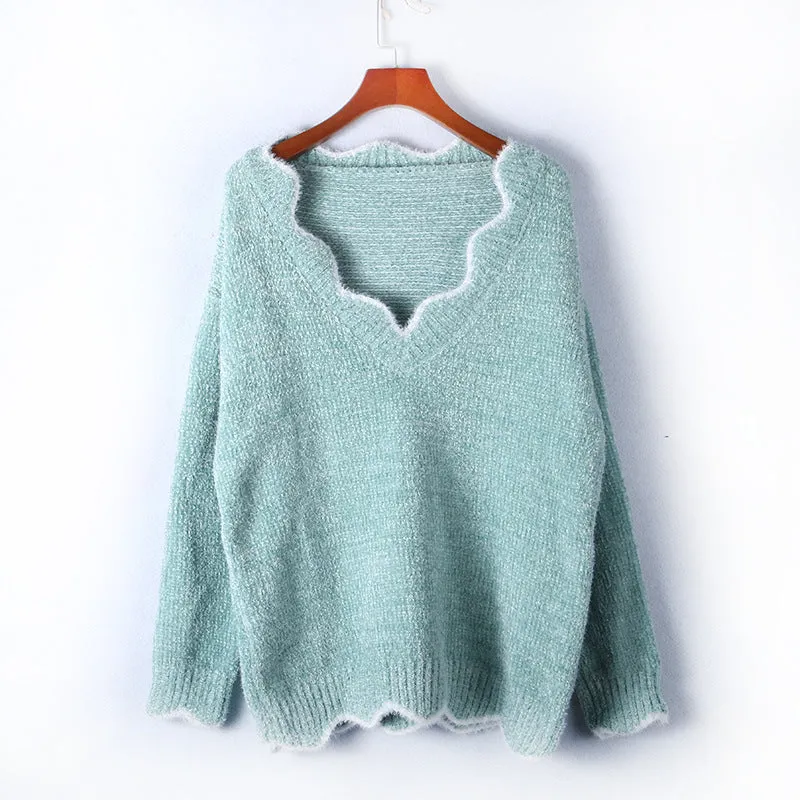V-neck Ruffle Collar Knit Sweaters