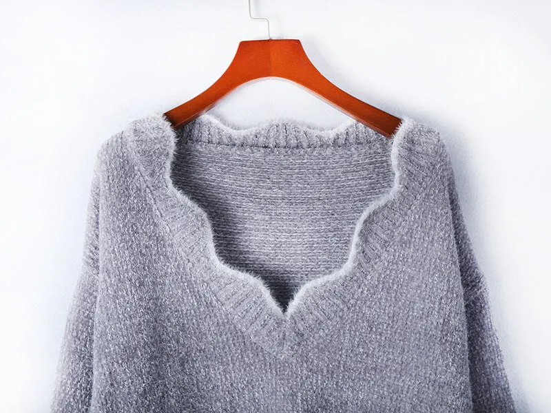 V-neck Ruffle Collar Knit Sweaters