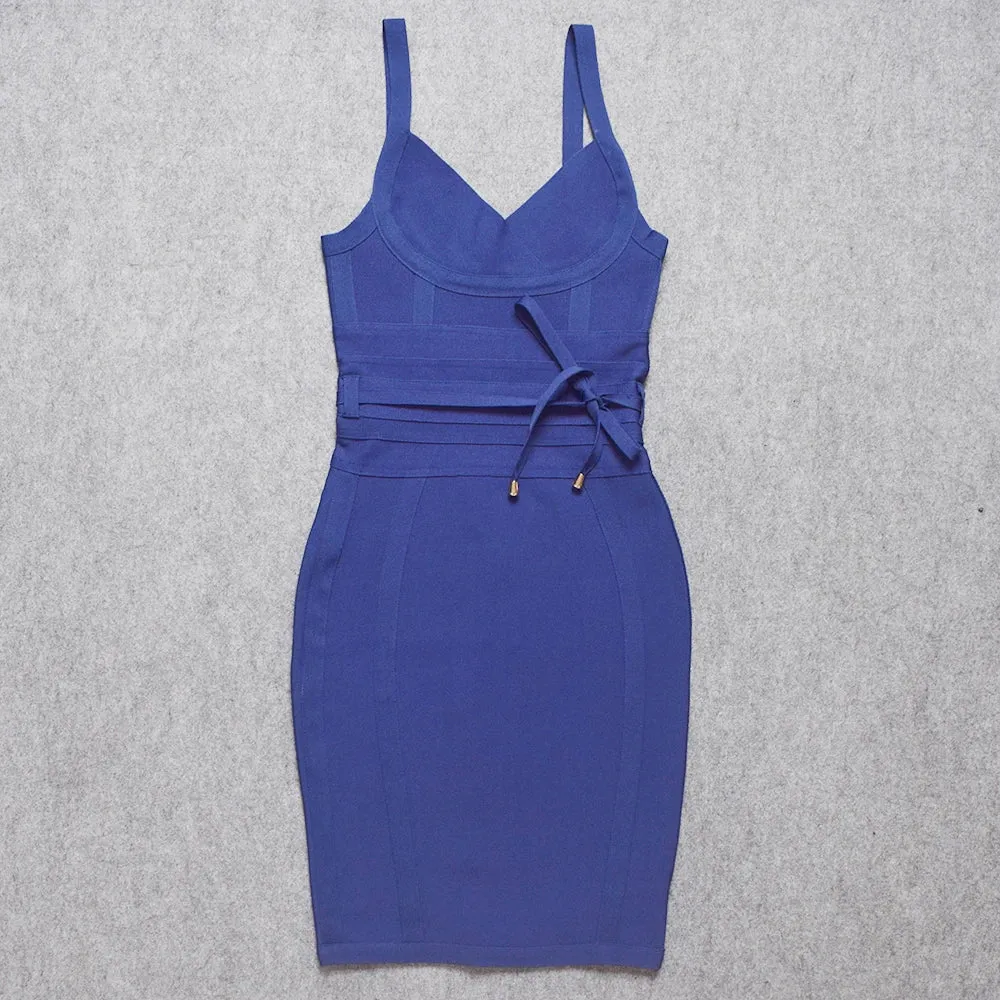 Womens Low Cut V Neck Sleeveless Bodycon Midi Dress