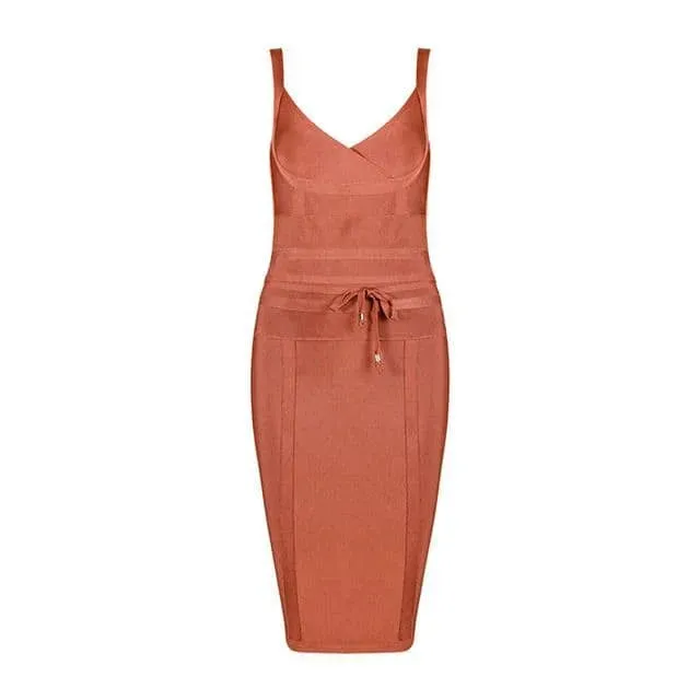 Womens Low Cut V Neck Sleeveless Bodycon Midi Dress